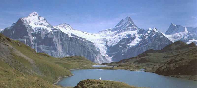 Wetterhorn and Schreckhorn ( Terror Peak ) with Upper Grindelwald Glacier from Bachalpsee