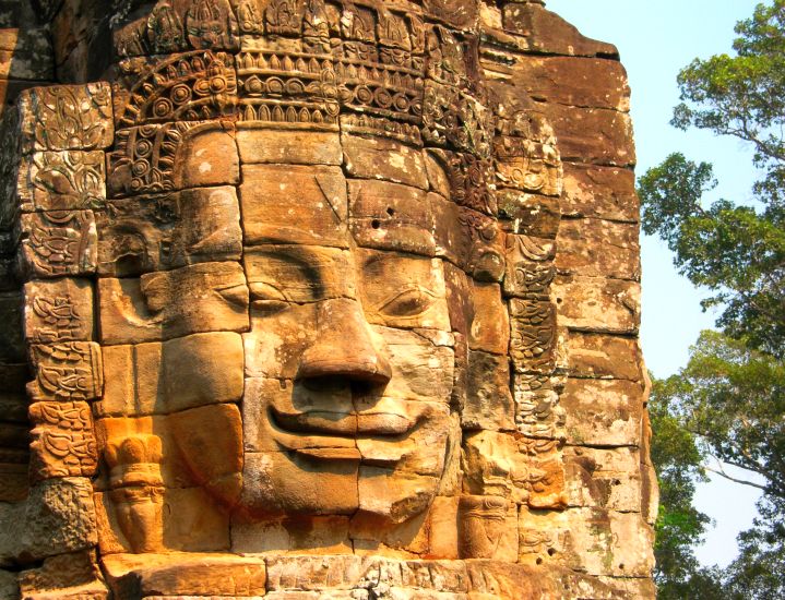 Sculptured Head in Bayon Temple in Angkor Thom in northern Cambodia