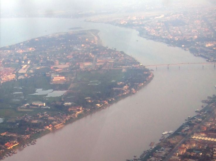 Aerial view of confluence of Tonle Sap and Mekong River at Phnom Penh