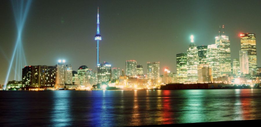 CN Tower and Toronto skyline illuminated at night