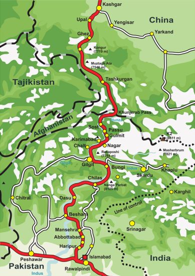 Map of Karakorum Highway from Pakistan to China