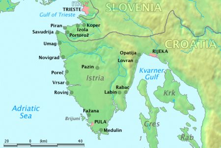 Map of Istrian Peninsula in Croatia