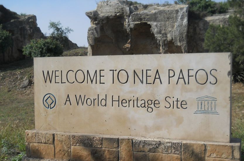 Signpost at the Nea Pafos archaeological site in Paphos