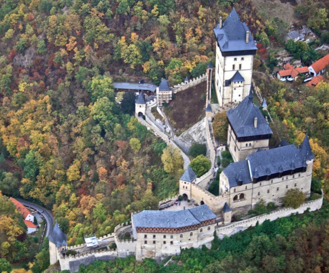 Aerial view of Karlstejn Castle in Czech Republic