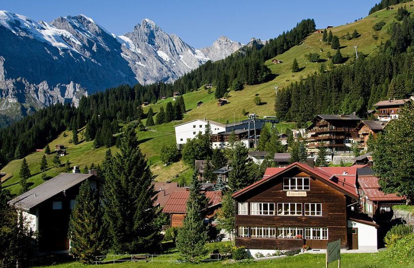Village of Murren above the Lauterbrunnen Valley in the Bernese Oberlands of the Swiss Alps