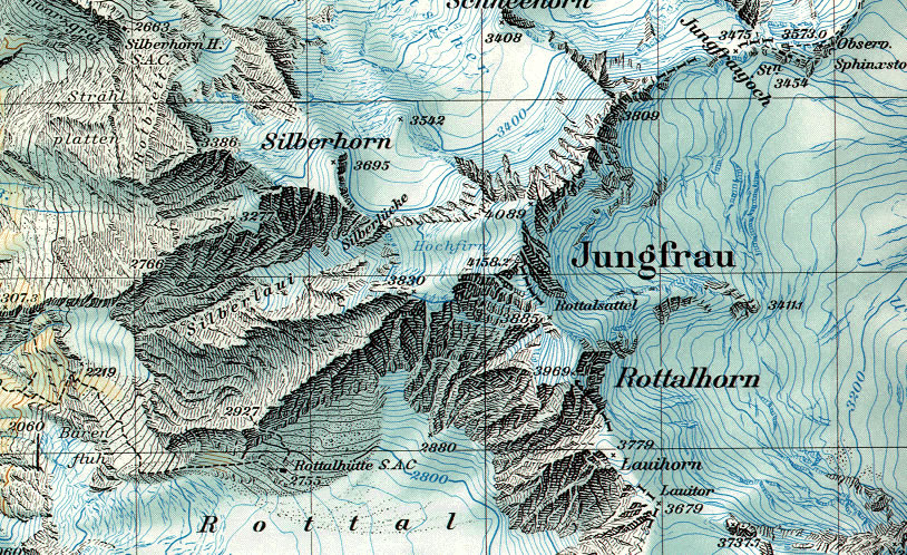 Map of the Jungfrau in the Bernese Oberlands Region of the Swiss Alps