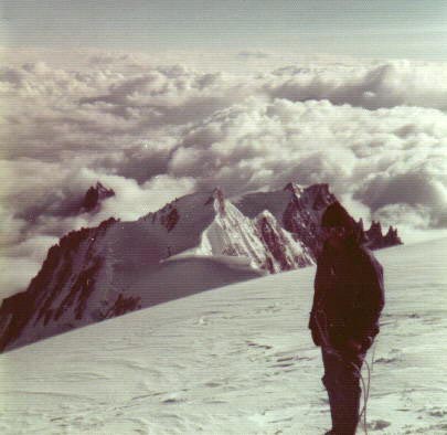View of Aiguille de Midi from summit of Mont Blanc