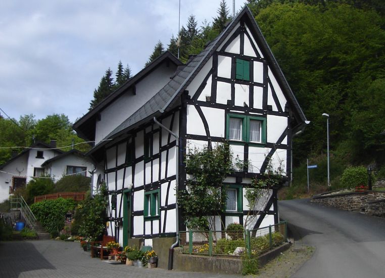 Traditional half-timbered house in village near Winnerath in the Eifel Region of Germany