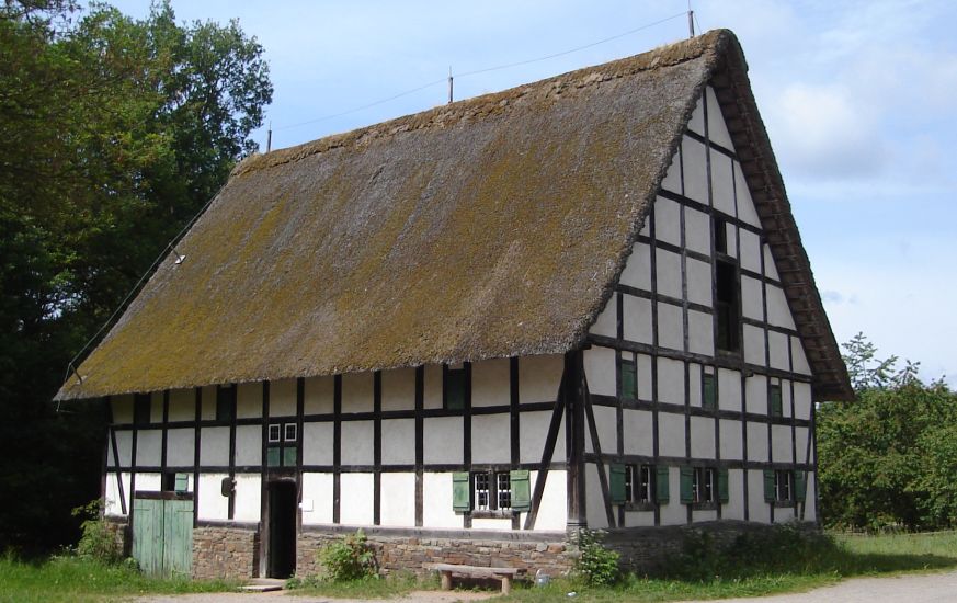 Half-timbered, thatched-roof, traditional-style house at the Open Air Museum at Kommern of Traditional Architecture in Germany