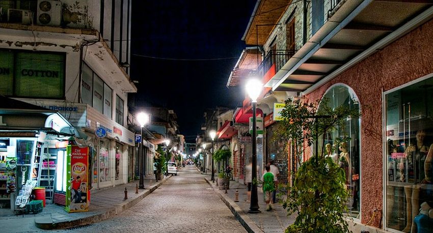 Street at night in Ioannina in North West Greece