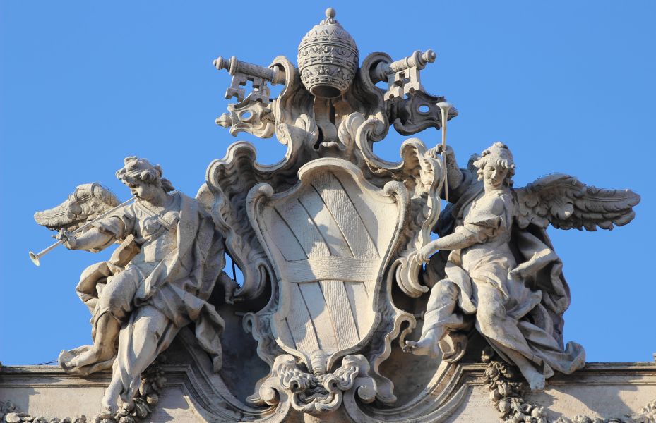 Papal Coat of Arms on the Trevi Fountain in Rome capital city of Italy