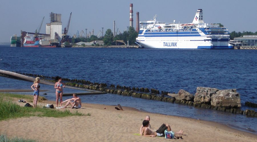 Tallink Ferry at port on Daugava River from Kipsala area of Riga