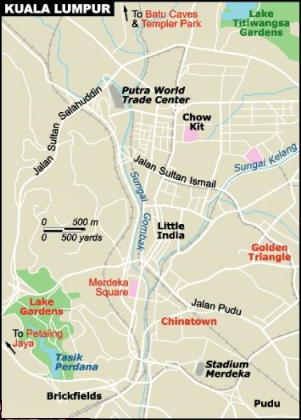 Tourism Map of Kuala Lumpur - capital city of Malaysia