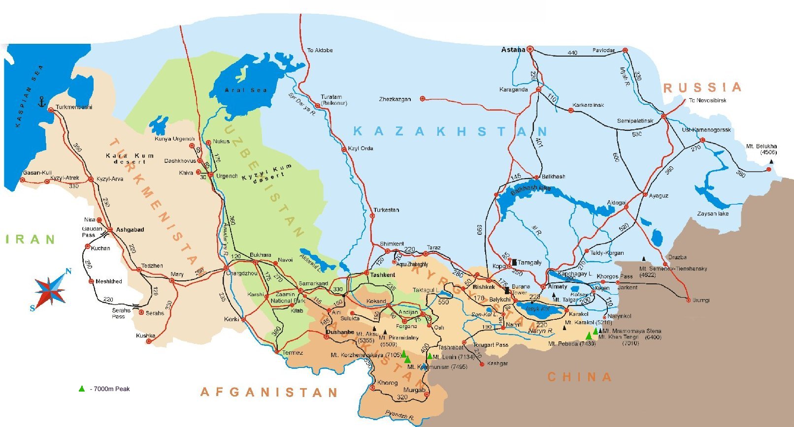 Map of Central Asia - Tadjikistan, Kyrgyzstan, Uzbekhistan, Kazakhstan, Turkmenistan