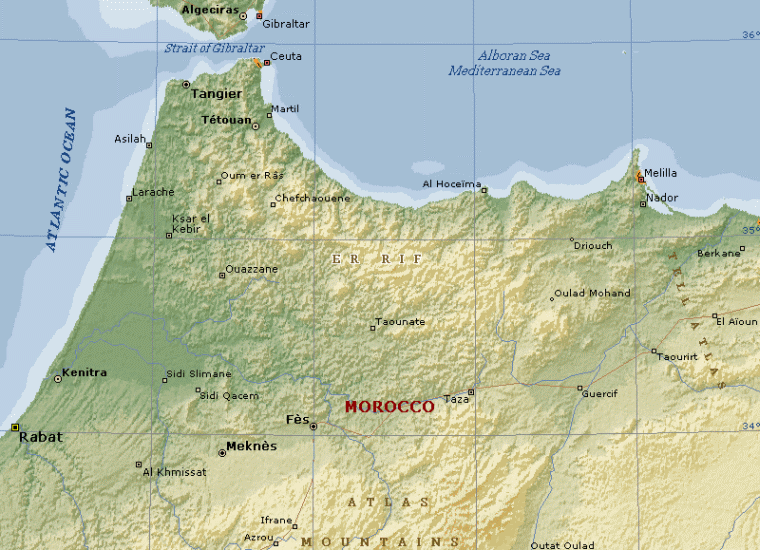 Location Map of Rif Mountains in Northern Morocco