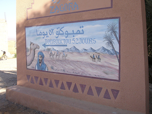 Timbuctu sign post in Zagora in the sub-sahara of Morocco