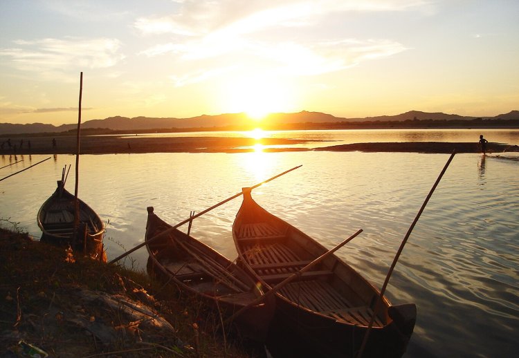 Sunset on Boats in Irrawaddy River at Bagan