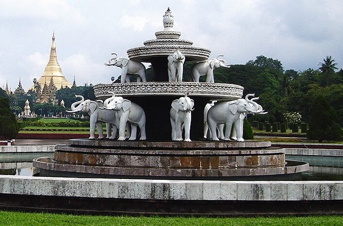 Elephants Monument Fountain in People's Park in Yangon ( Rangoon ) in Myanmar ( Burma )