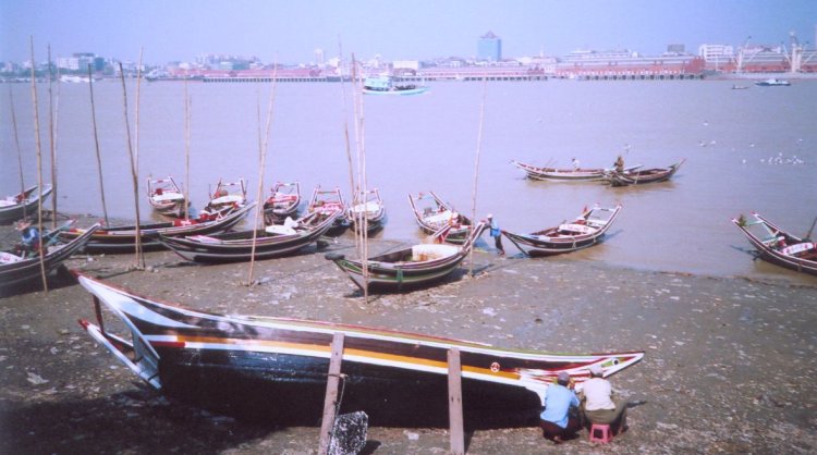 Boats at waterfront at Dalah on Yangon River in Yangon ( Rangoon ) in Myanmar ( Burma )