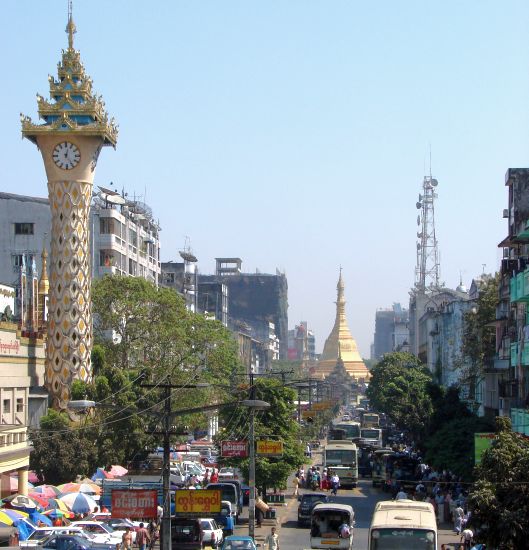 Mahabandoolah Street and Sule Pagoda in central Yangon