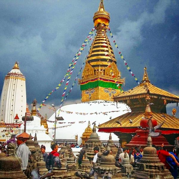 Stupa and Pagoda at Swayambunath ( the "Monkey Temple " ) in Kathmandu