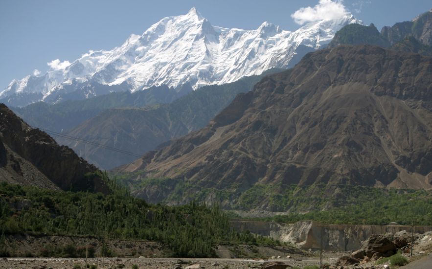 West Face of Rakaposhi ( 7788m ) from the Hunza Valley in the Karakorum Mountains of Pakistan