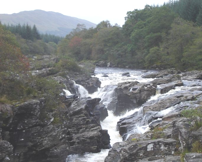 Falls on River Orchy in Glen Orchy at start of ascent of Beinn Mhic Mhonaidh
