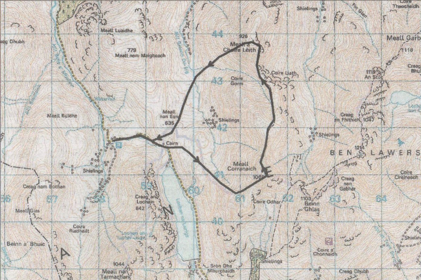 Route Map for Meall Corranaich and Meall a' Choire Leith