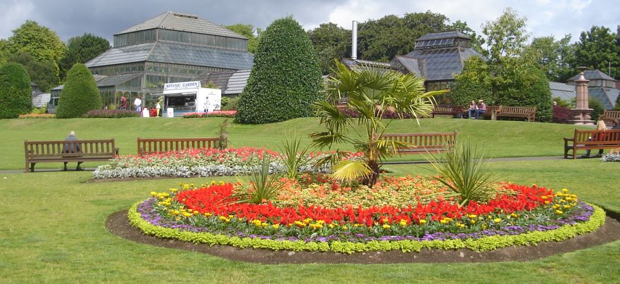 Flower beds and Glasshouses in the Botanic Gardens in Glasgow