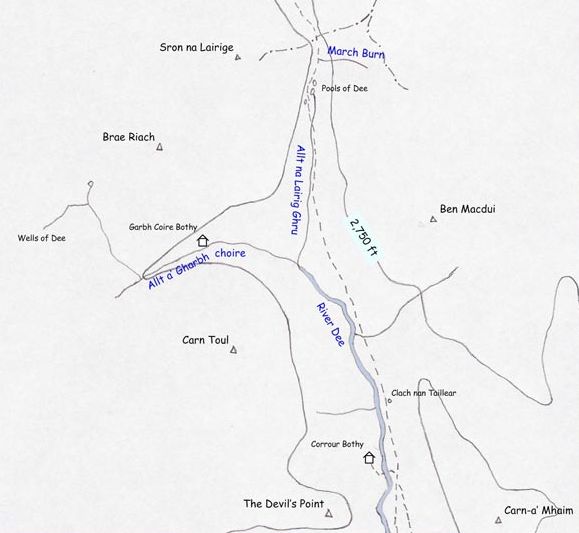Map of Lairig Ghru through the Cairngorm Mountains of Scotland