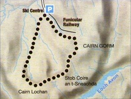 Route Map for Cairn Lochan circuit in the Cairngorm Mountains of Scotland