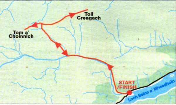 Route Map for Toll Creagach and Tom a' Choinnich in Glen Affric