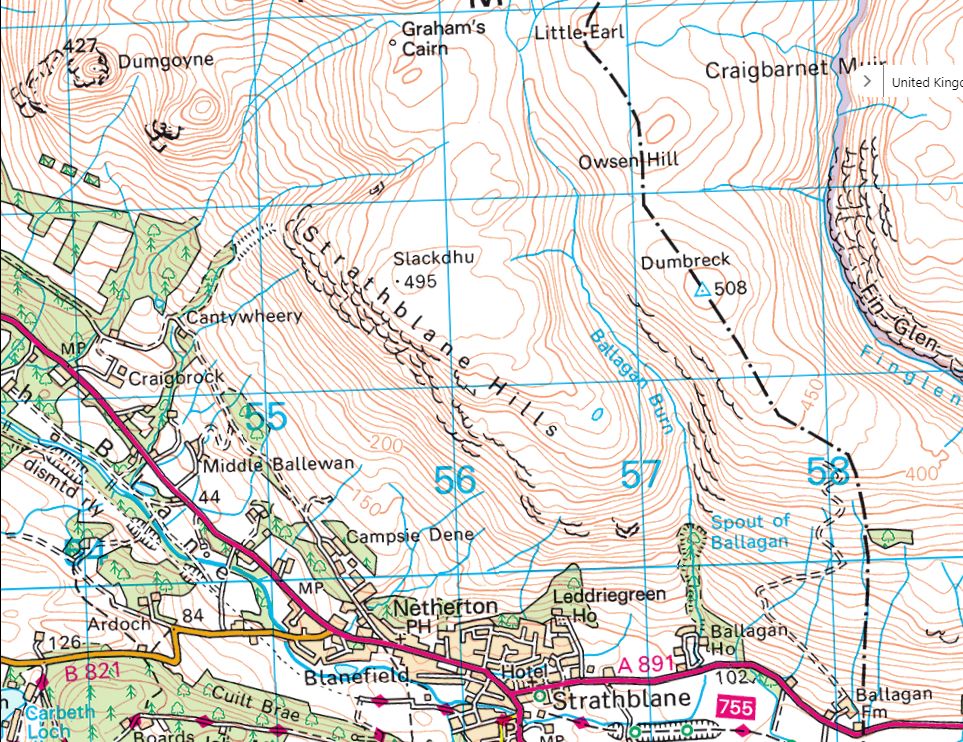 Map of Slackdhu on the Campsie Fells above Blanefield and Strathblane