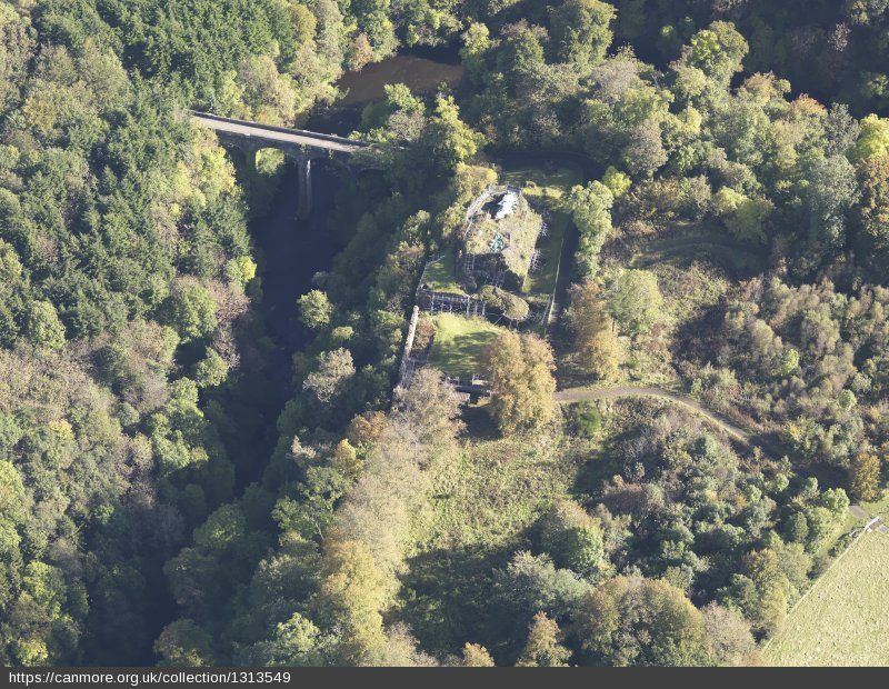 Aerial view of The Duke's Bridge over the River Avon in Chatelherault Country Park