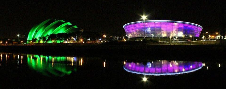 The Armadillo Building and The SSE Hydro illuminated at night