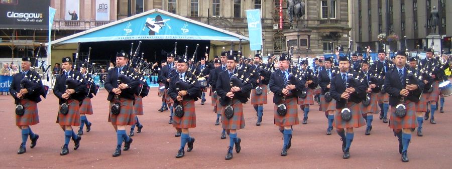 Pipe Band in George Square, Glasgow city centre, Scotland