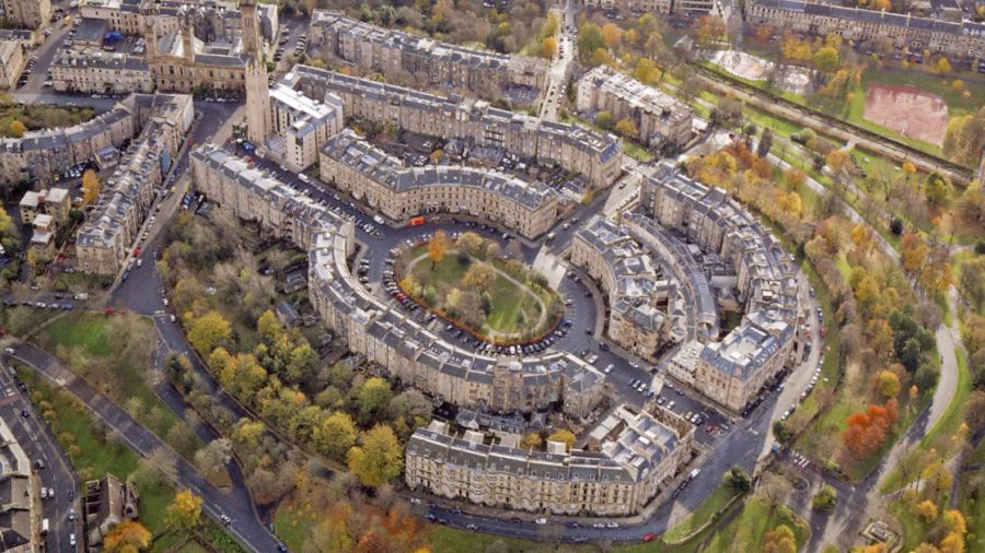 Aerial view of Park Circus of Glasgow, Scotland