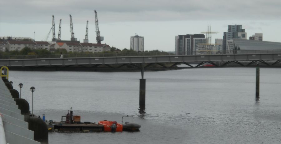 The Finnieston Titan shipyard crane across the River Clyde from the Glasgow Science Centre