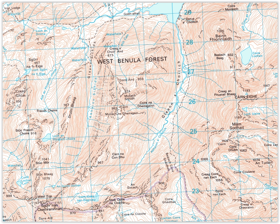 Map of Beinn Fhionnlaidh, Sgurr nan Ceathramhnan and Mullach Dheiragain