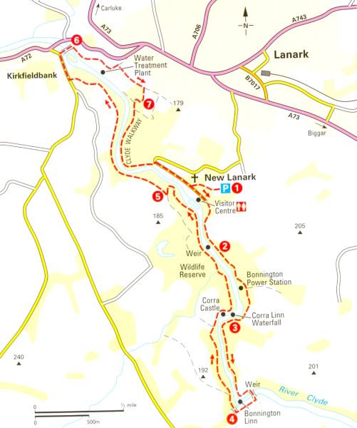 Map of Walk at New Lanark on River Clyde in Scotland
