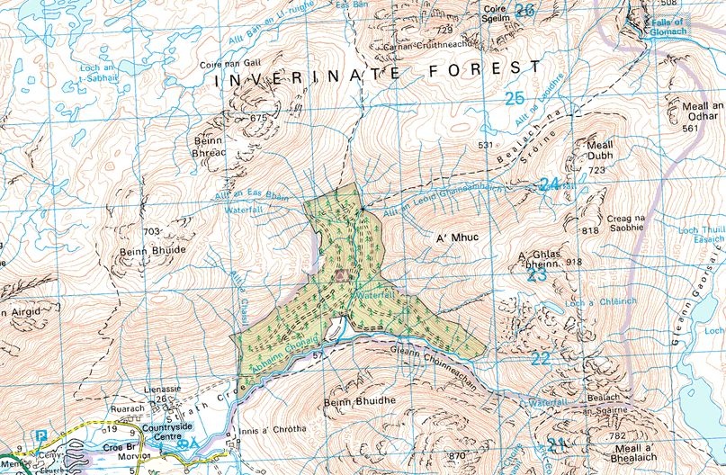 Location Map and Access Route for Falls of Glomach from Strath Croe