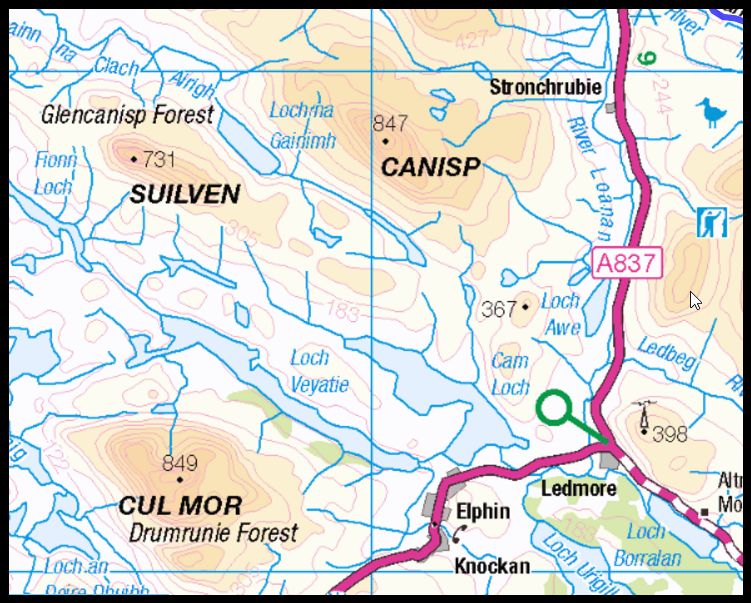 Map of Suilven and Canisp in the NW Highlands of Scotland