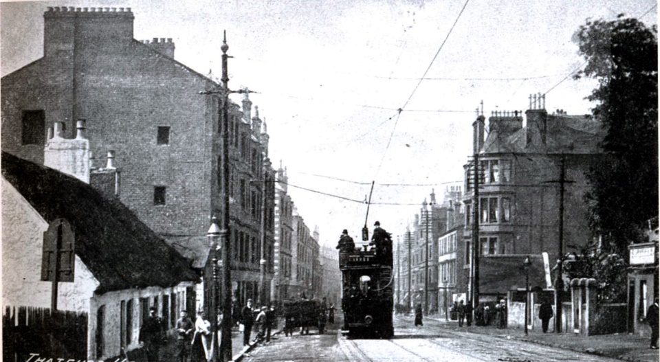 Thatched cottages and tram car in Shettleston