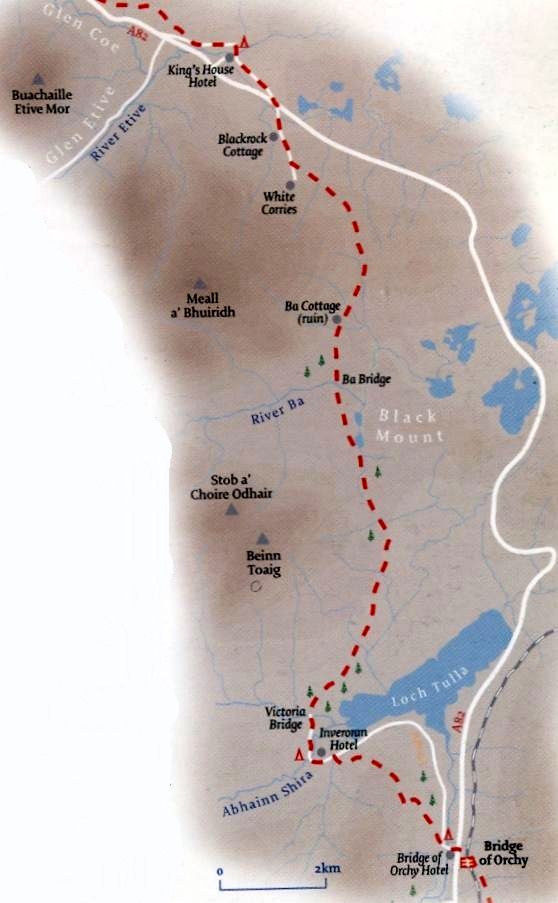 Route map of The West Highland Way from Bridge of Orchy to King's House Hotel