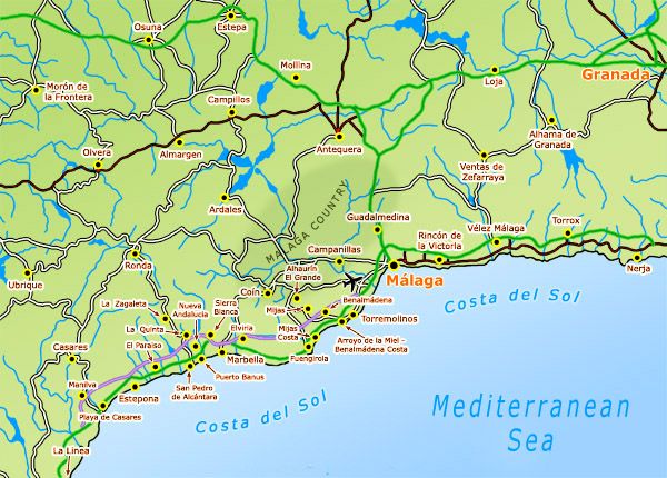 Map of the Costa del Sol in Southern Spain