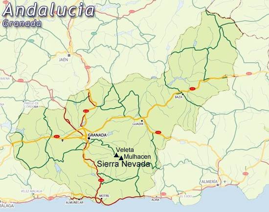 Map of Granada Region, Andalucia in Southern Spain