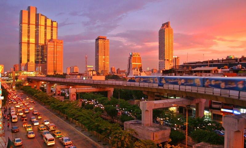 Sky Train in Bangkok at sunset