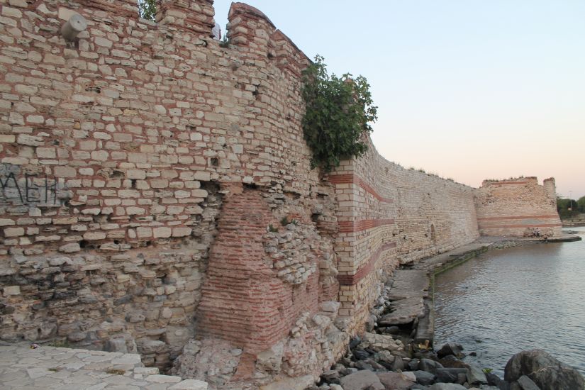 Where the Walls of Constantinople meet the sea near Yenikapi in Istanbul in Turkey