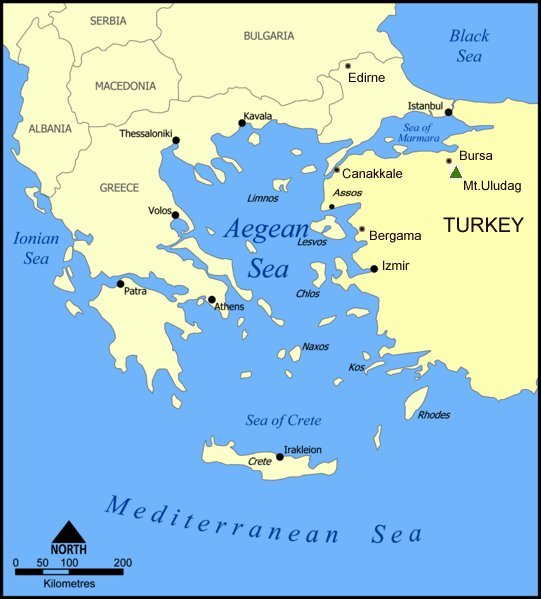 Map of Aegean Sea Coastline of Turkey