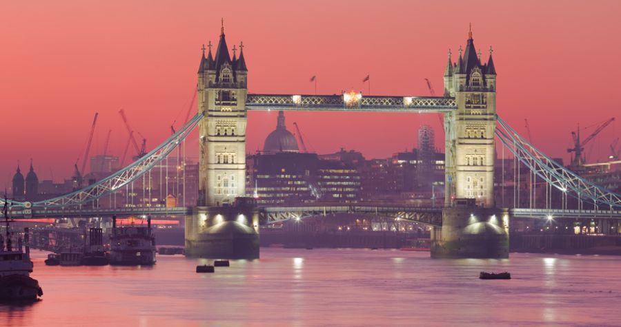Sunset at Tower Bridge across River Thames in London